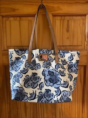 Giani Bernini Blue Floral Canvas Tote with Tan Handles